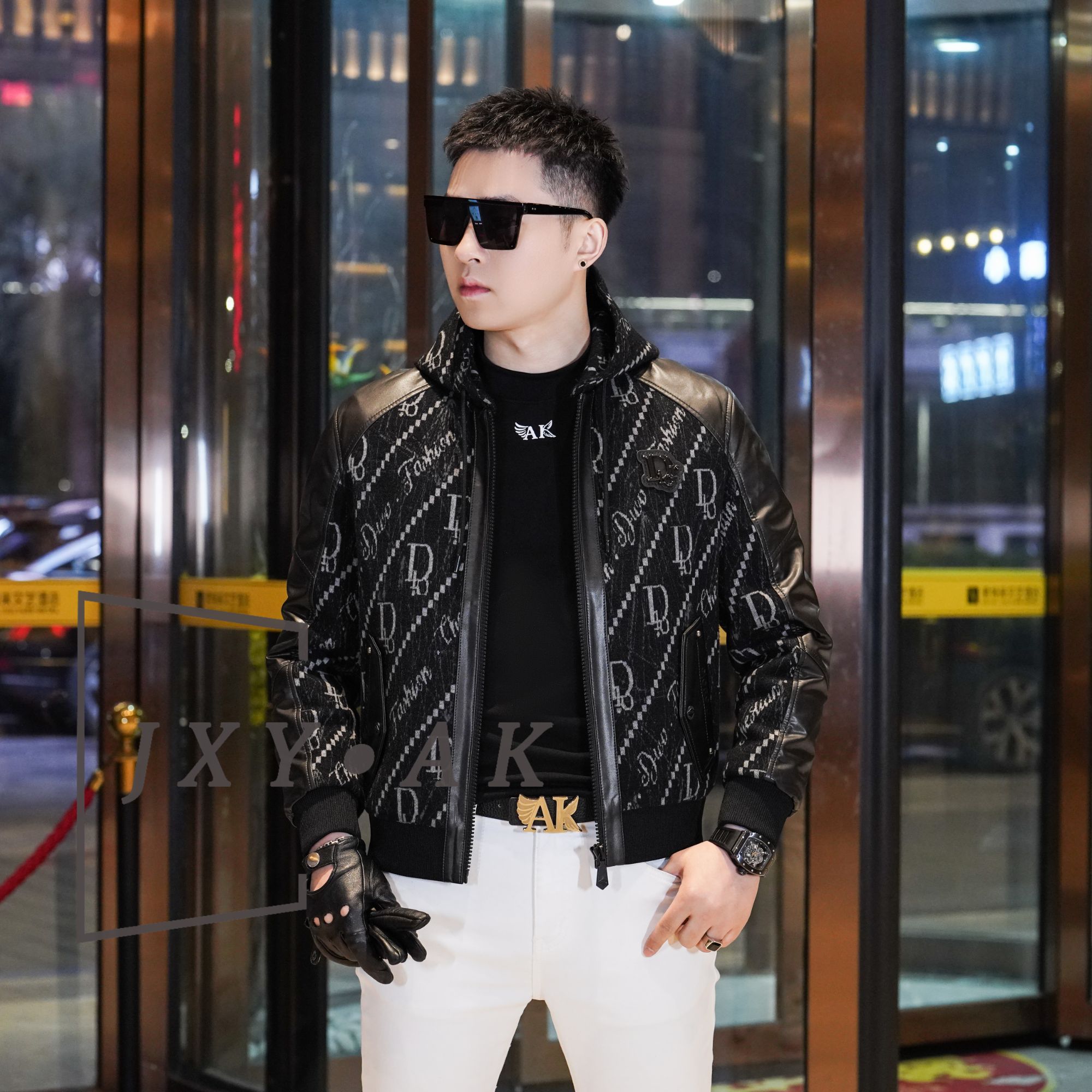 2025冬季新款男士羊毛混纺拼羊皮夹克提花工艺时尚百搭鸭绒羽绒服