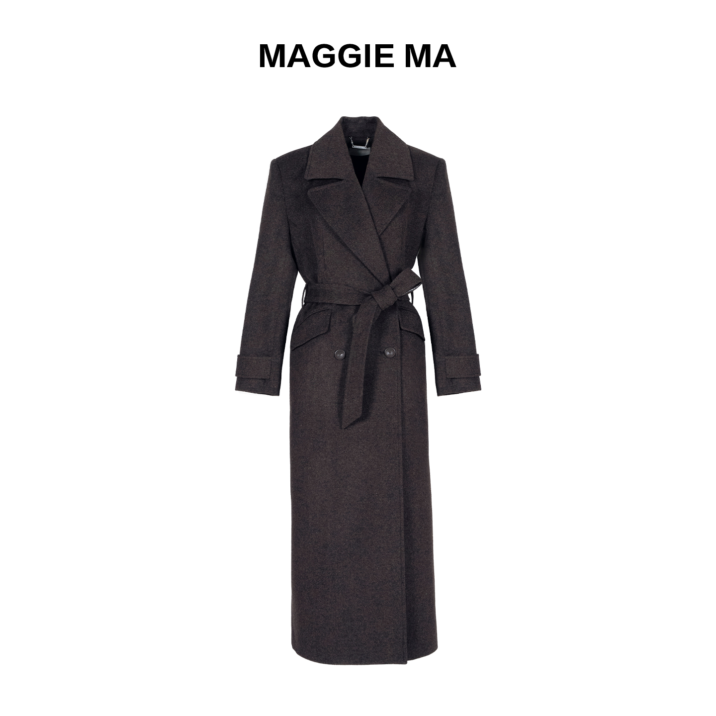 MAGGIE MA马婧设计师款深棕羊毛翻领经典版型长款大衣776C