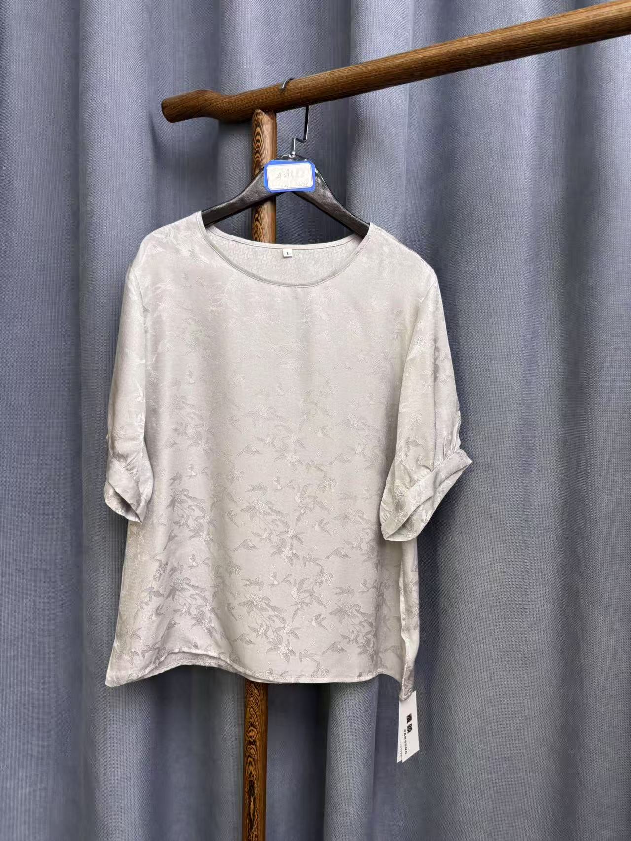 2025夏季新款简约百搭桑蚕丝花萝提花短袖上衣女A293