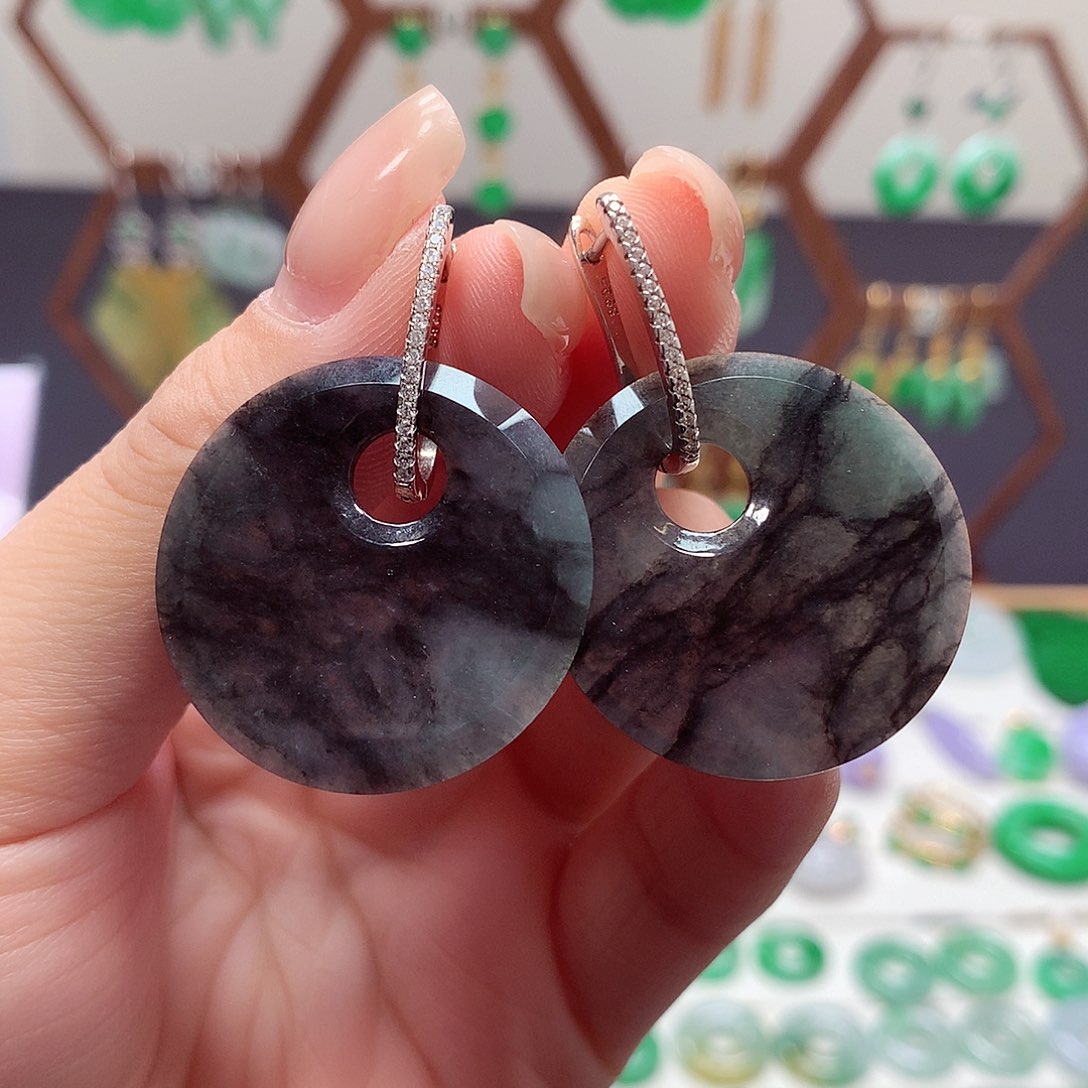 翡翠耳饰银S925镶嵌天然翡翠