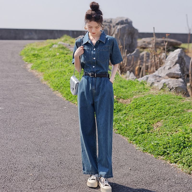 连体裤薄款长裤复古女高腰牛仔裤时尚套装减龄ins风宽松阔腿牛仔