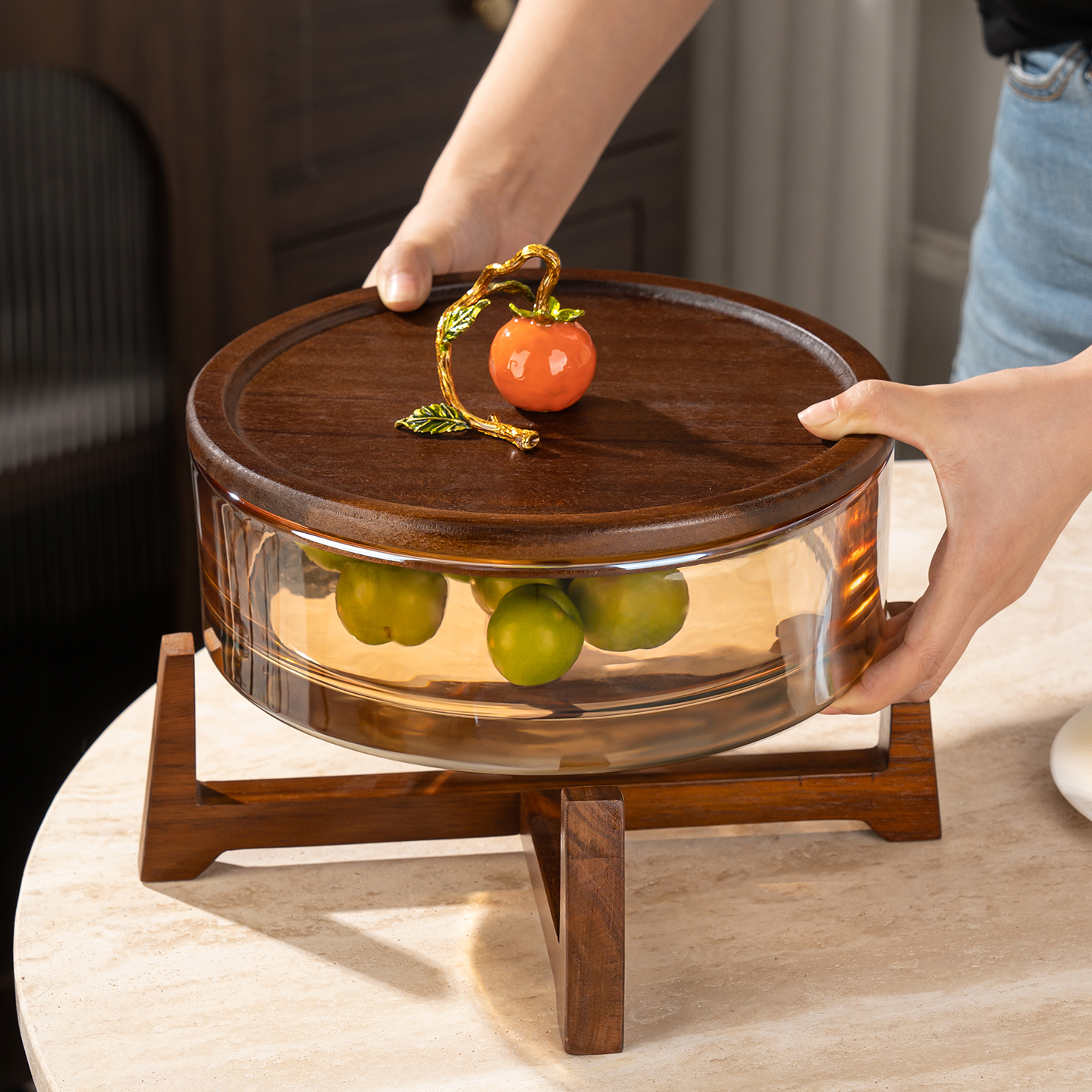 2025新款中式玻璃水果盘客厅家用茶几果盘大号带盖干果零食糖果盘