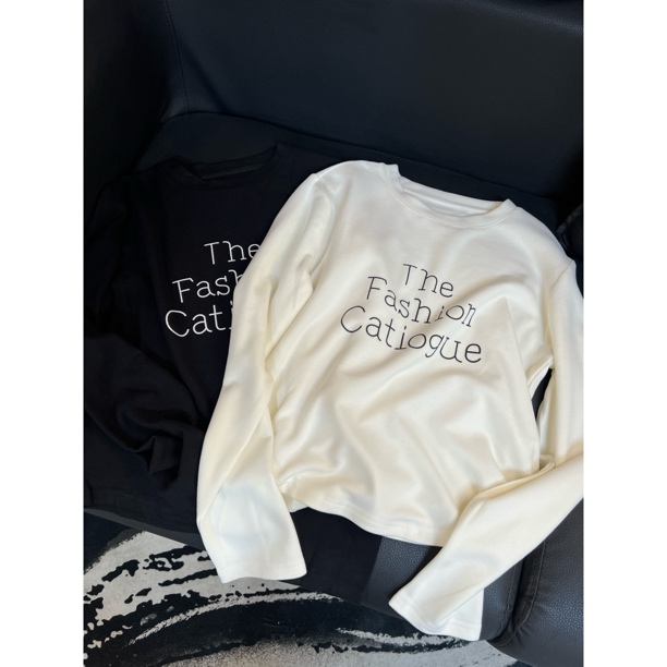 韩版印花字母短款双面绒长袖T恤女2025冬打底衫上衣