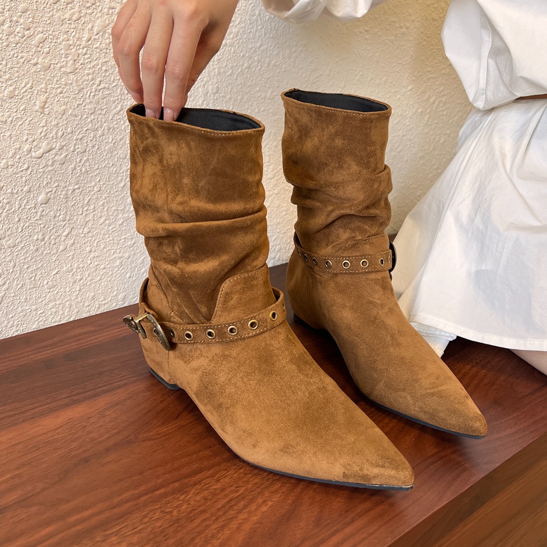 内增高堆堆靴洋气小短靴子女士秋冬季新款法式小裸靴堆堆靴西部靴