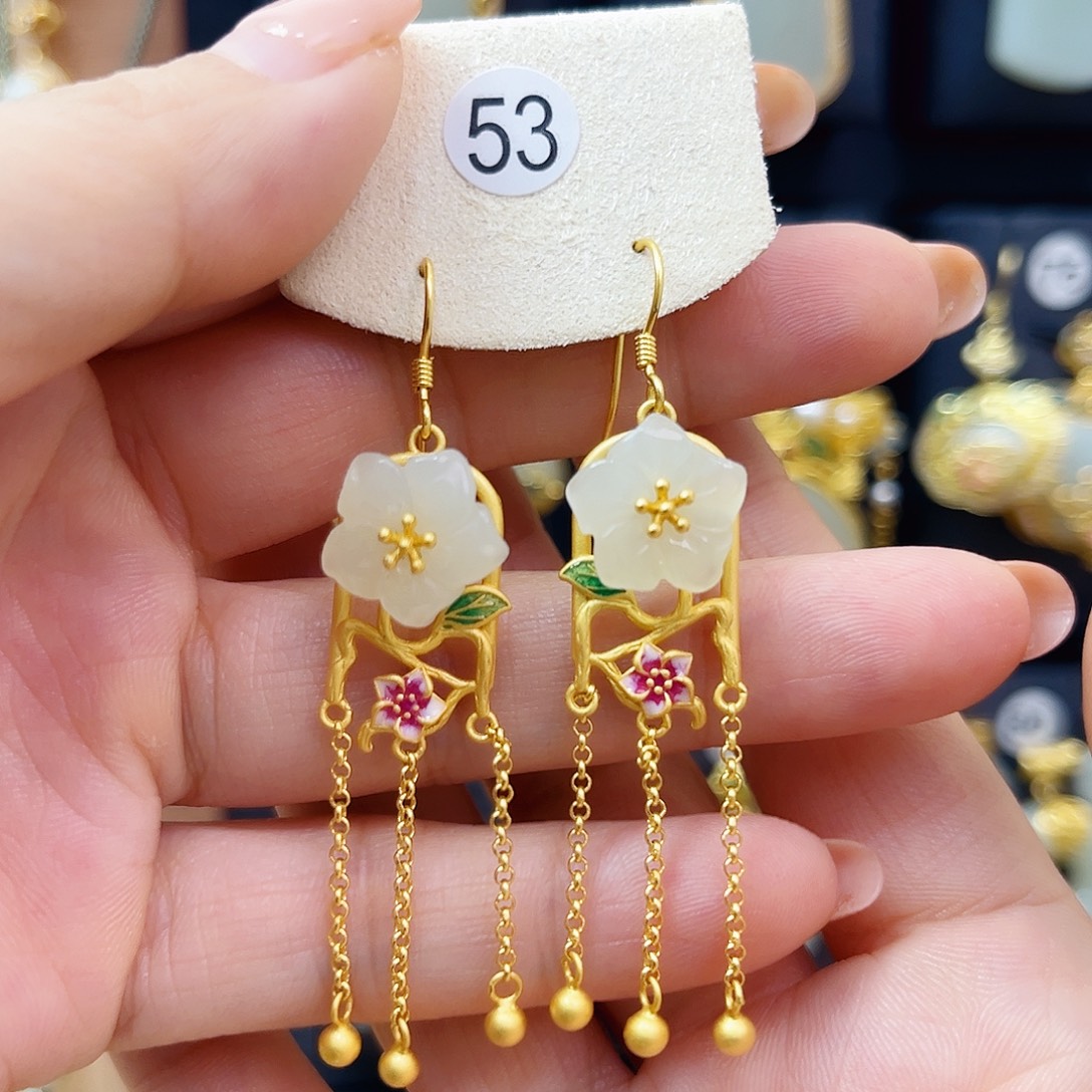 和田玉银S925镀金镶嵌耳饰