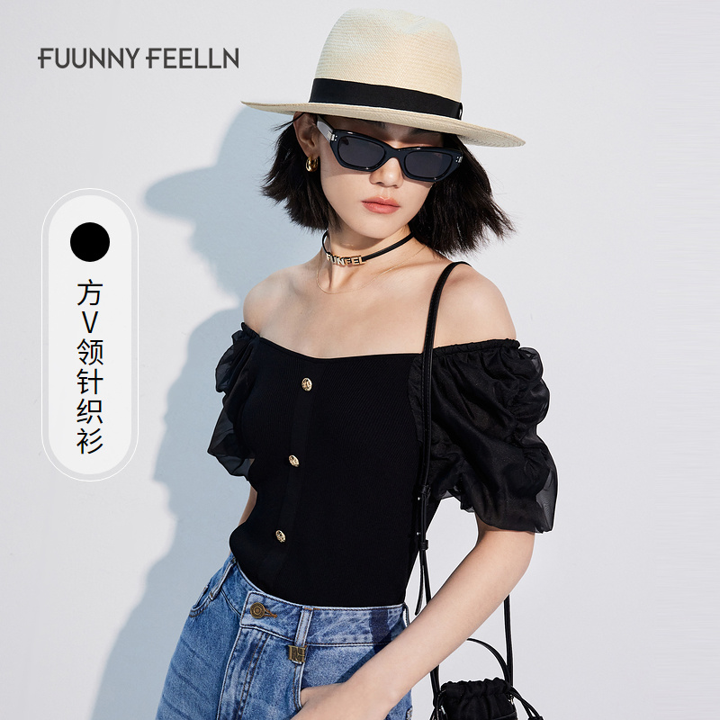 FF仿佛秋季新款拼接针织衫女上衣V领薄款露肩泡泡袖FZ01281
