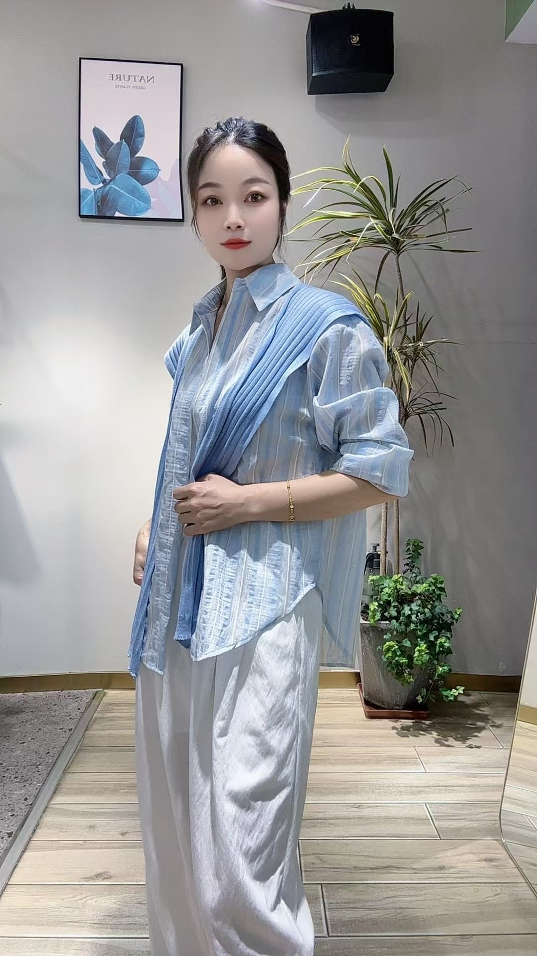 女士时尚休闲条纹保暖加厚衬衫宽松百搭上衣