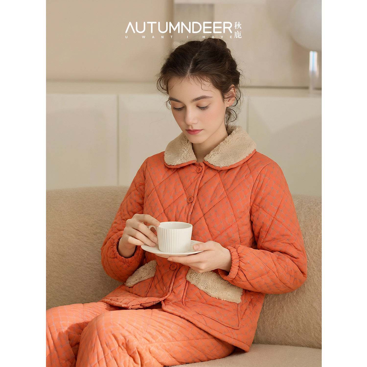 秋鹿纯棉梭织格三层夹棉扣领长袖长裤女套冬款保暖家居服