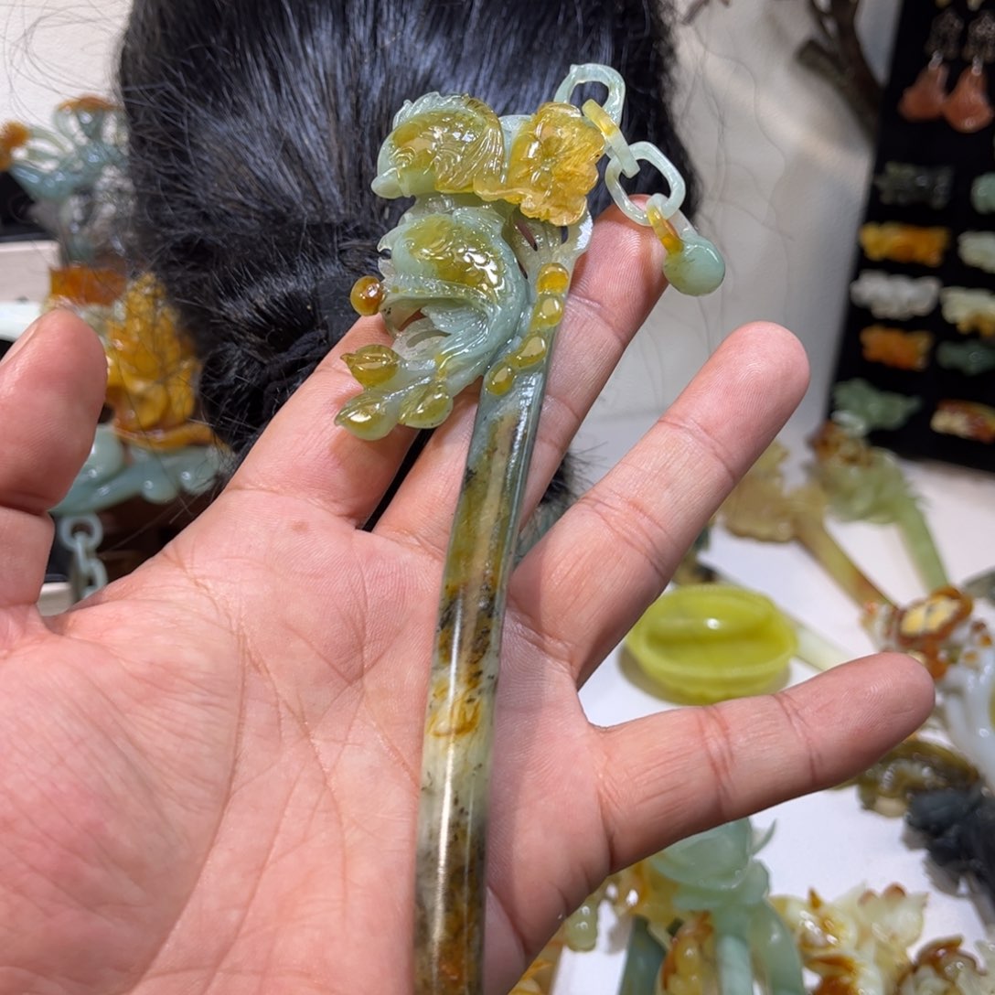 蛇纹石玉发簪合金琴**俗