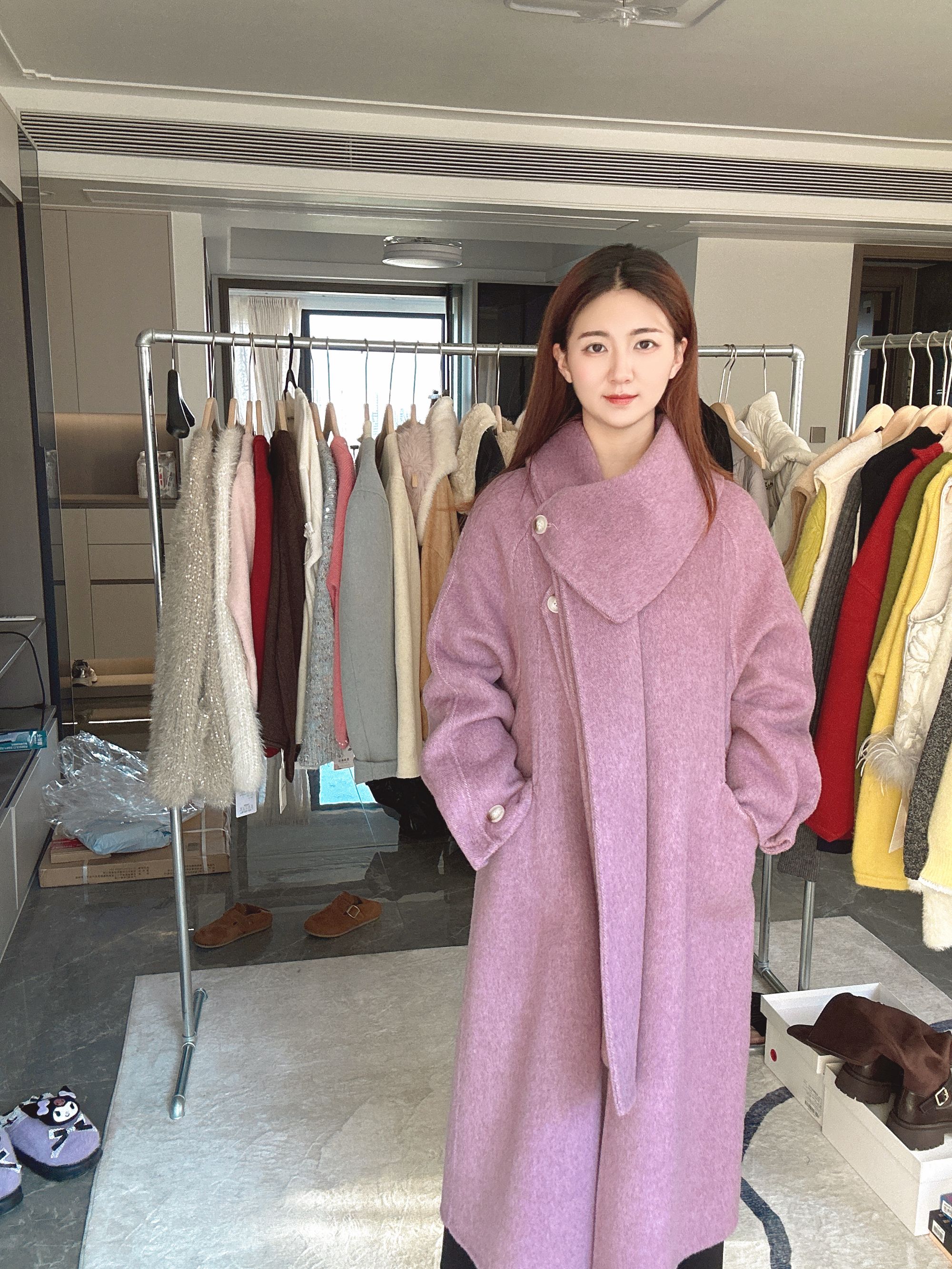 觅淘韩系紫色配围巾双面羊毛大衣女秋冬设计小个子绝美外套