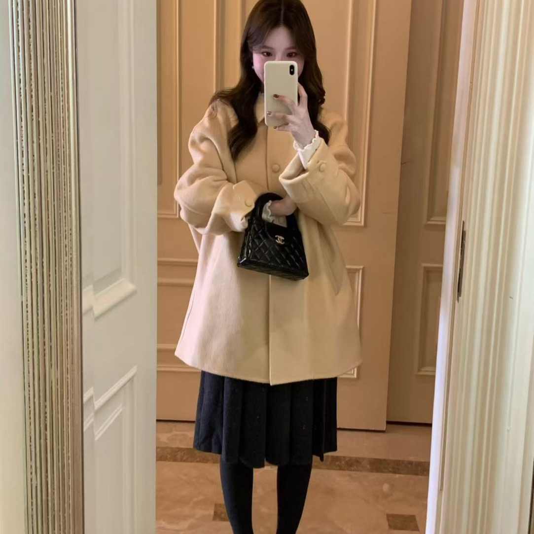 【张开心】奶油浅黄韩系翻领宽松小个子双面毛呢大衣女秋冬时尚外套
