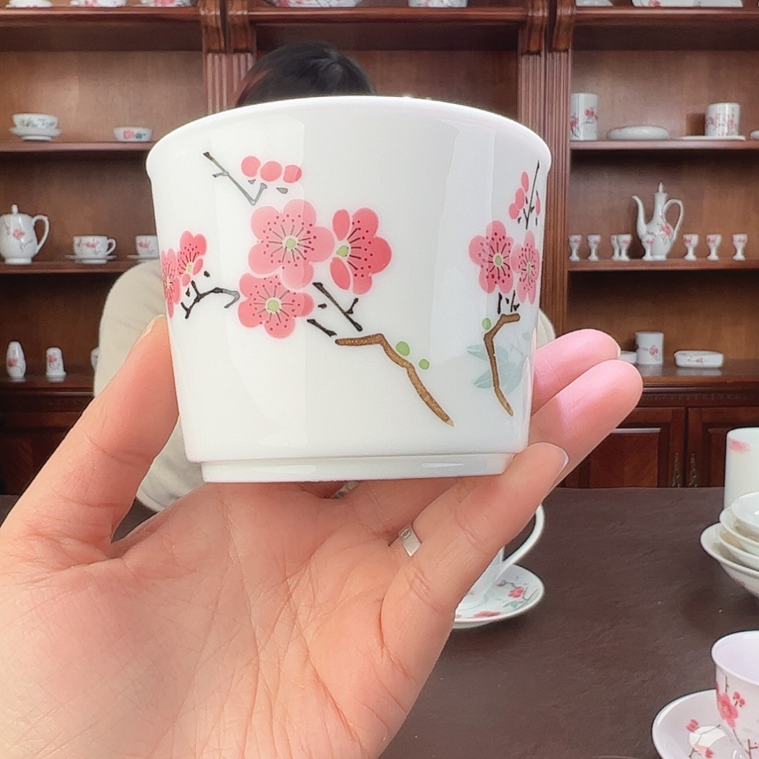 瓷翠竹红梅大号书卷杯，微瑕