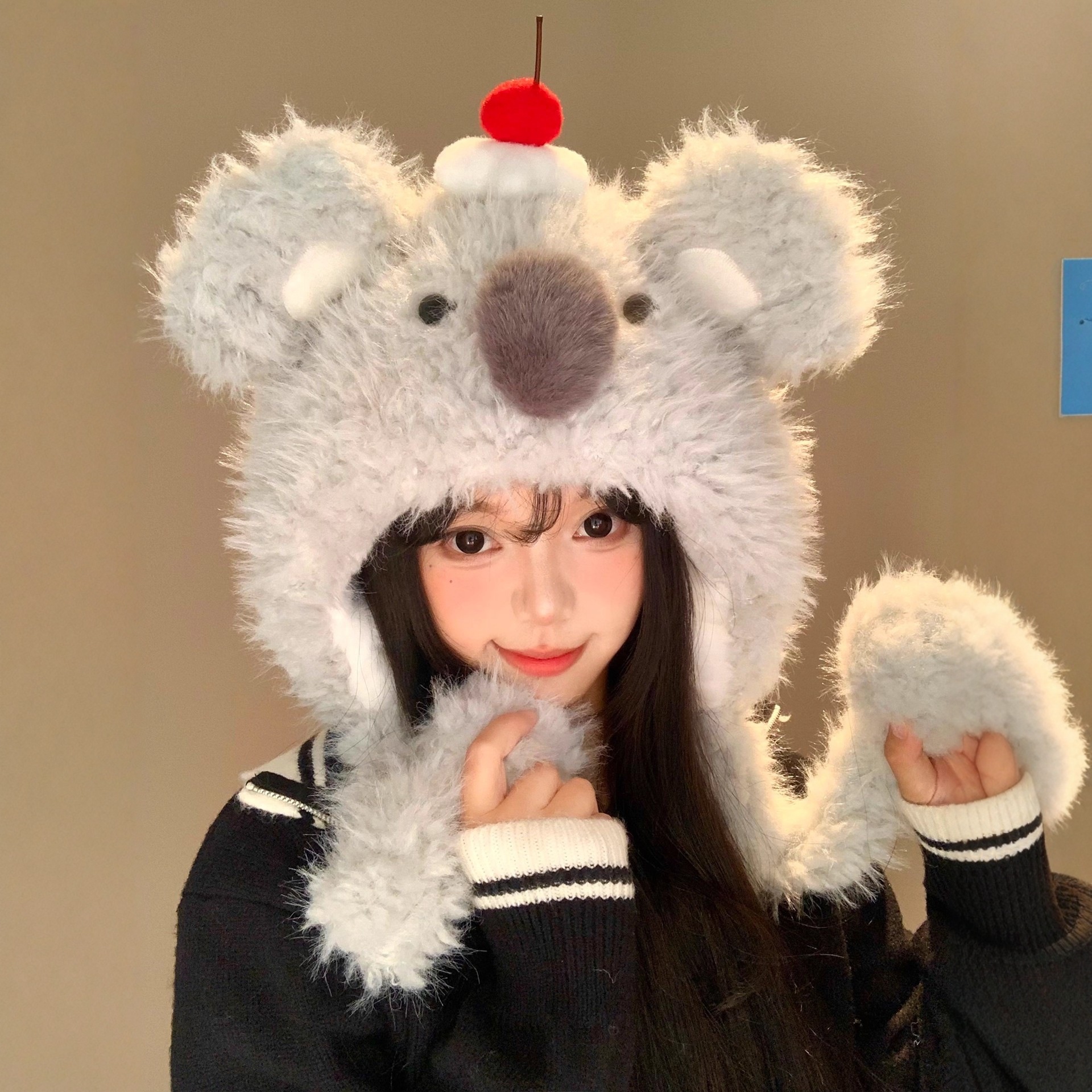 可爱耳朵会动的考拉毛绒帽女秋冬保暖护耳甜美百搭照显脸小雷锋帽