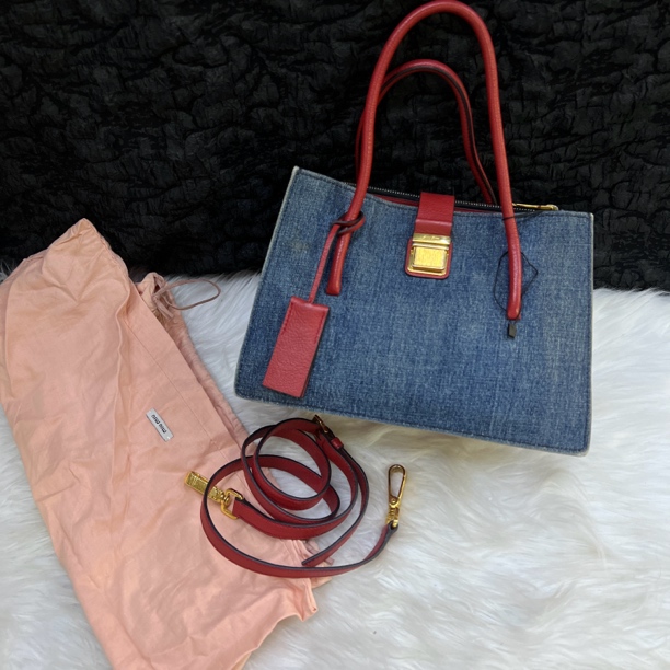 95新 MIU MIU/缪缪 缪缪丹宁牛仔红色托特