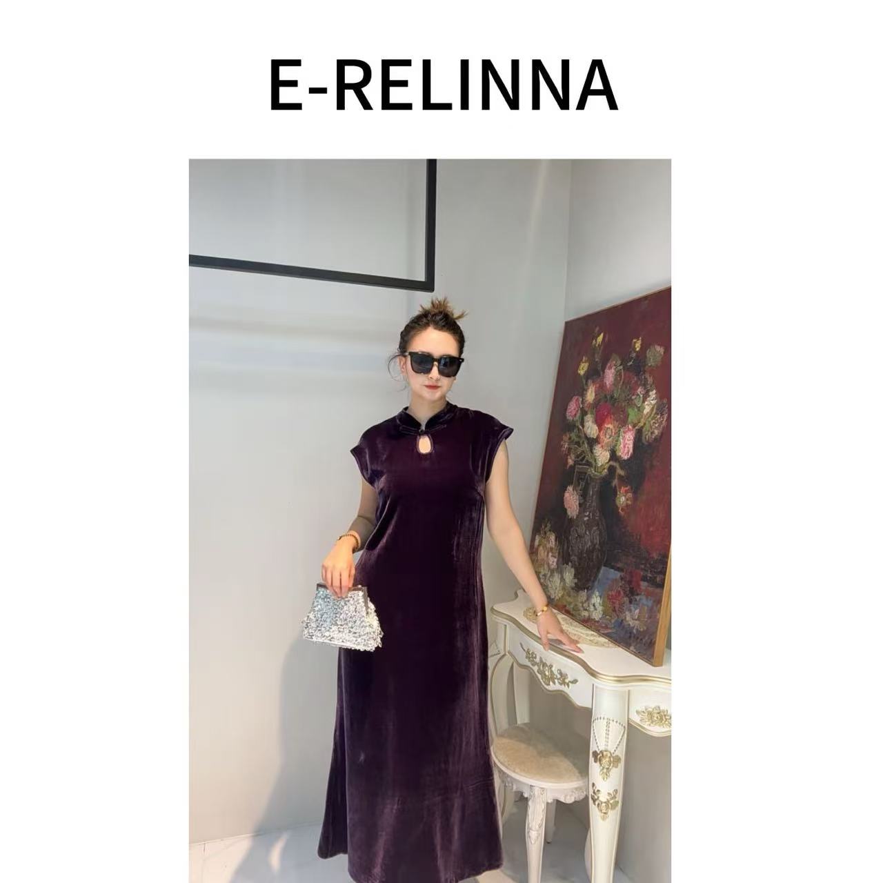真丝丝绒修身旗袍盘口高级优雅连衣裙