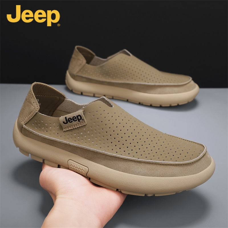JEEP/吉普男鞋夏季冲孔皮面透气一脚蹬软底乐福鞋日常商务休闲鞋