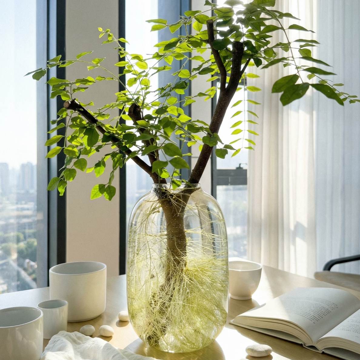 水培小叶女贞鲜切枝室内绿植懒人好养茶台摆件