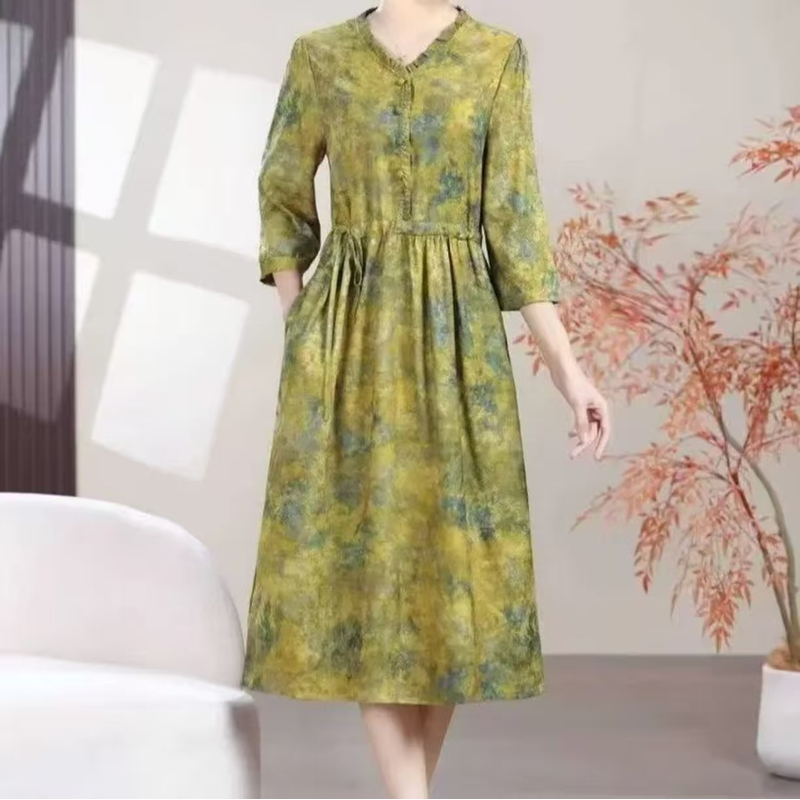 绿-金缕满叶  时尚轻奢亲肤透气中长款连衣裙