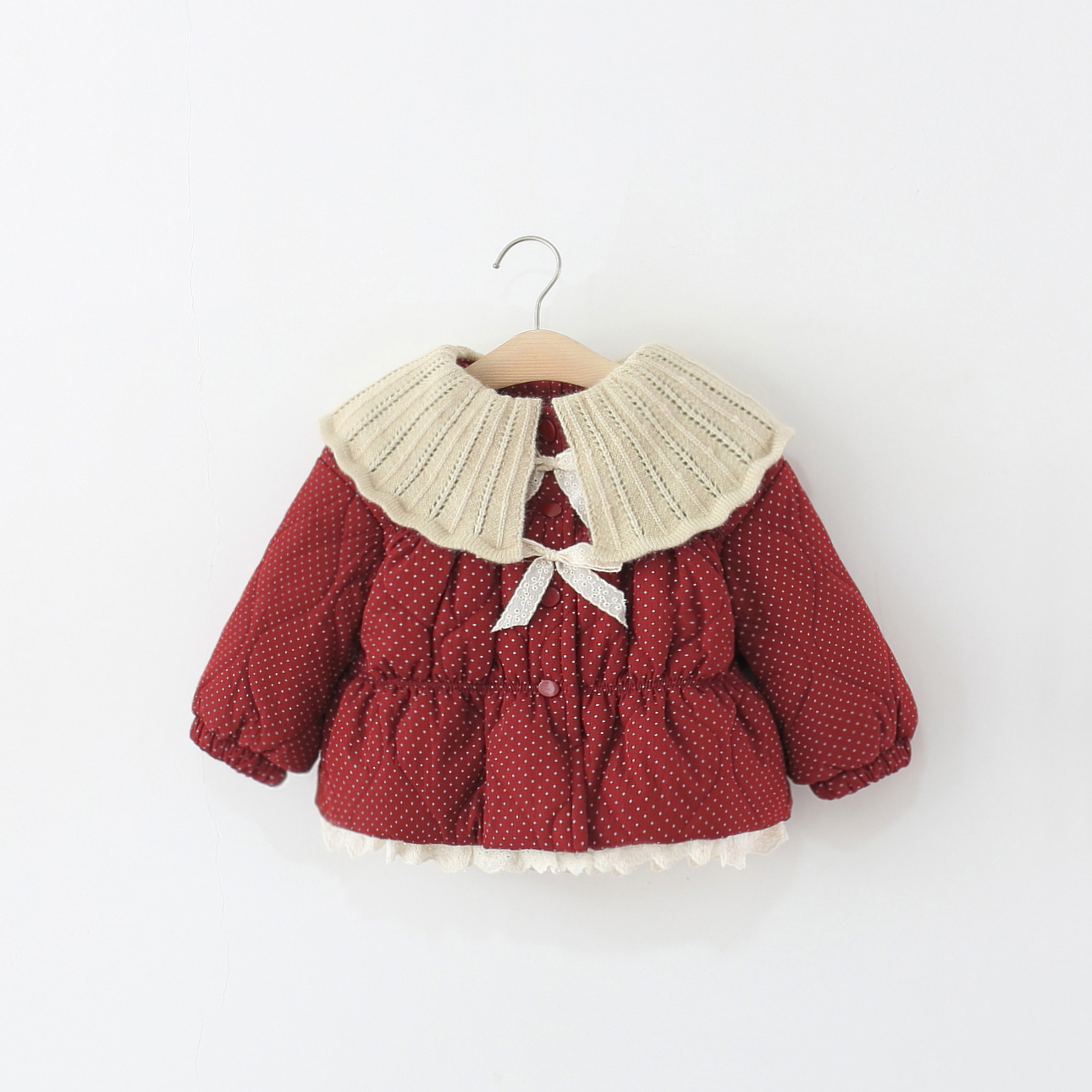 童装女童棉衣外套冬季儿童波点毛线翻领棉服婴儿宝宝冬装棉袄加厚