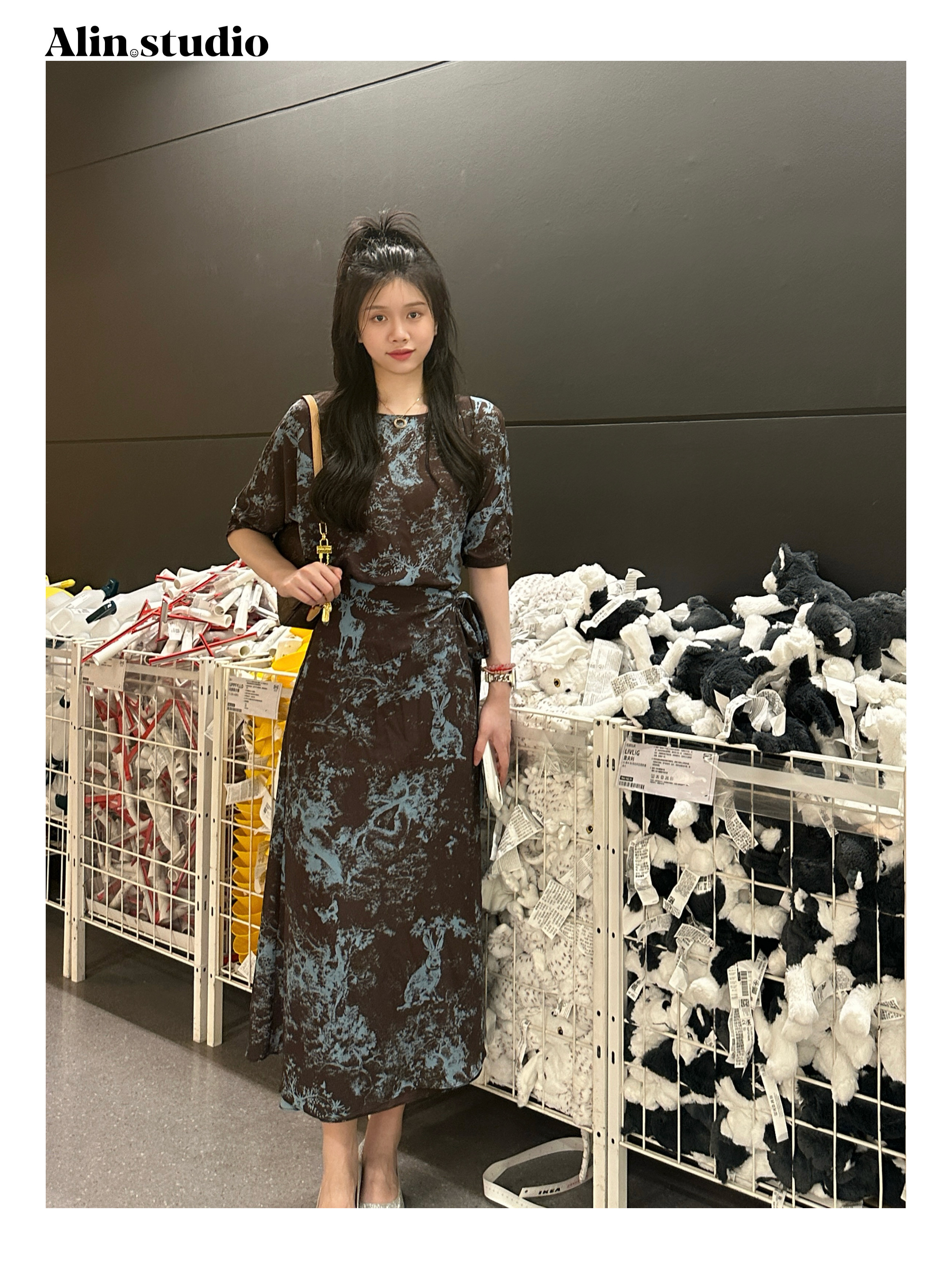 【咖色】夏季法式气质时尚显瘦连衣裙植物晕染优雅设计师长款裹裙