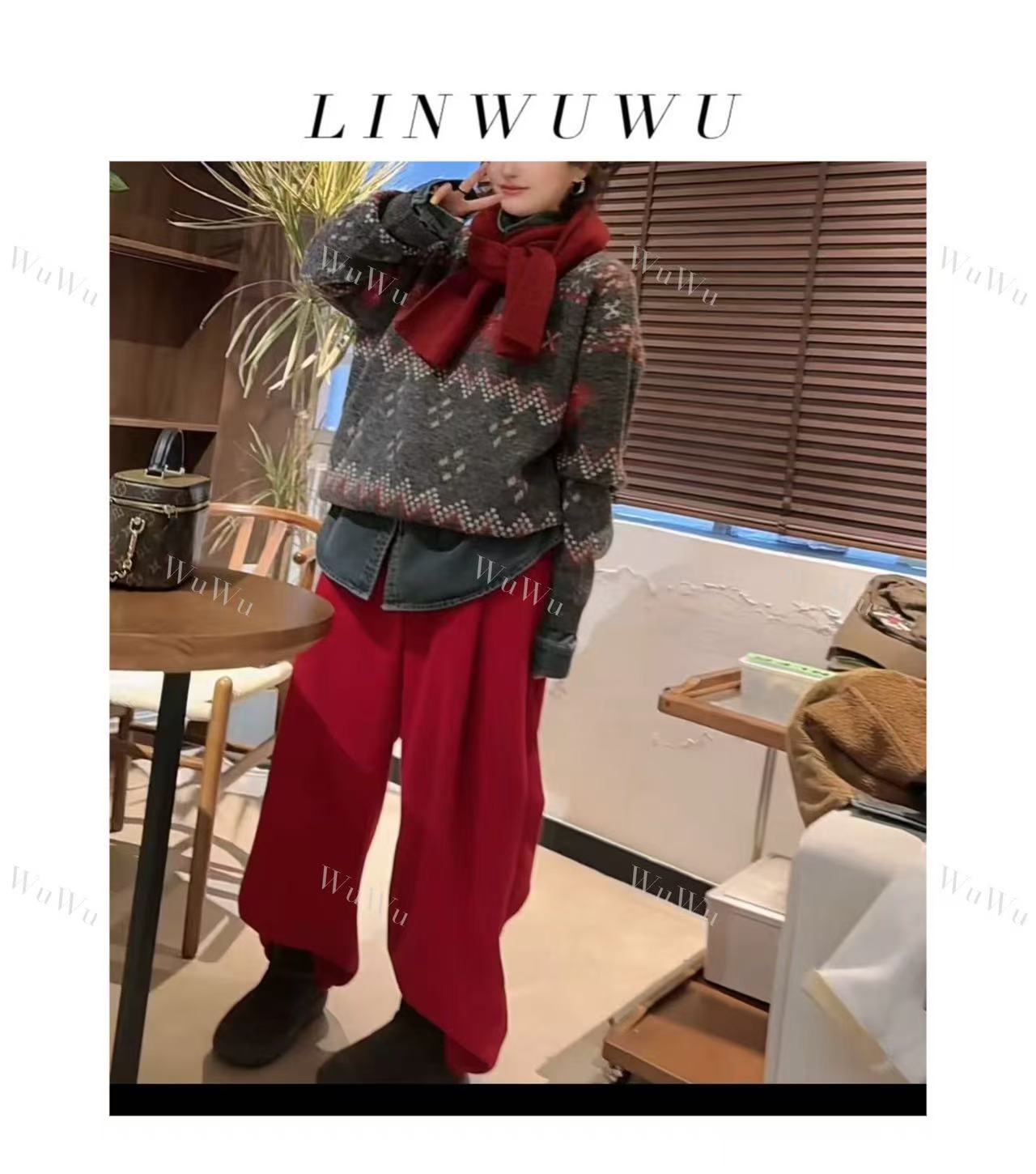 【林五五定制】2025秋冬时尚休闲舒适圆领拼色长袖宽松毛衣70220