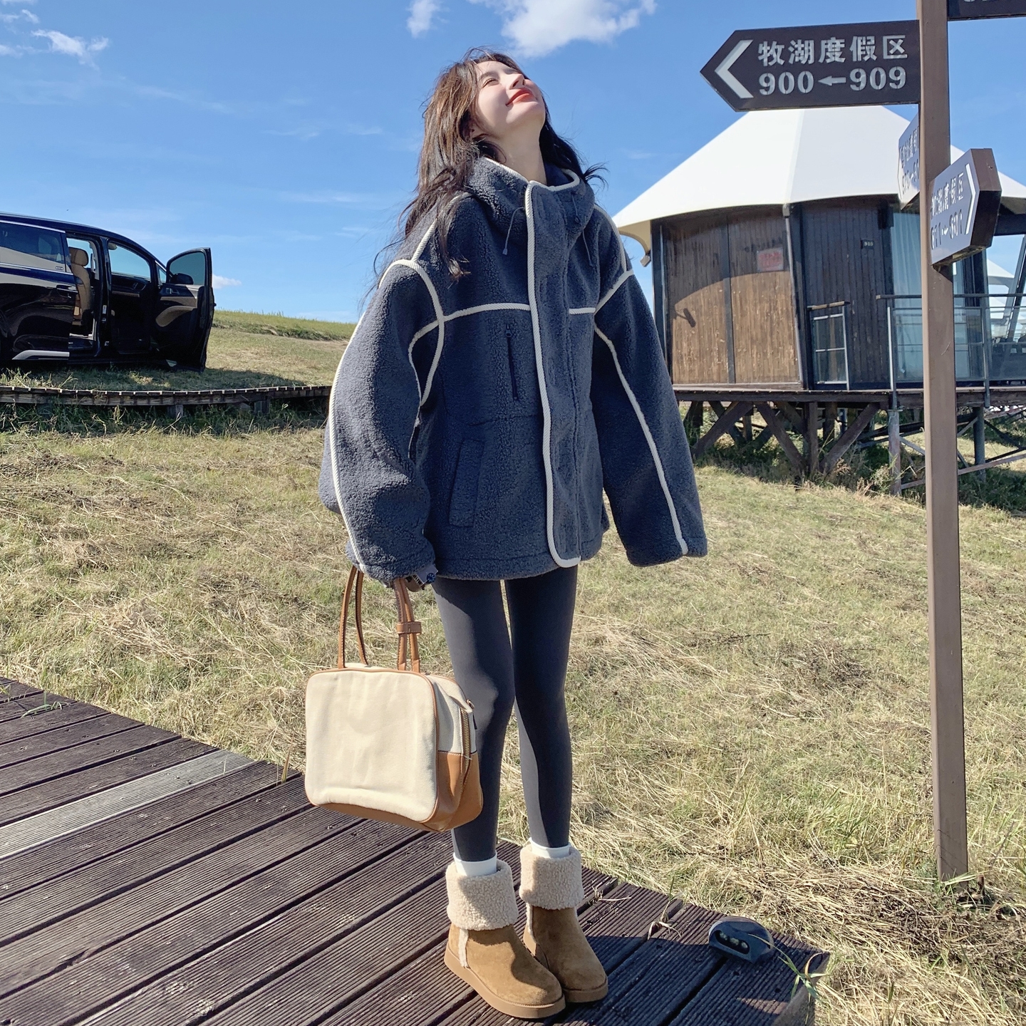 蓝灰色条纹撞色拼接颗粒绒外套女冬2025新款韩系时尚连帽加厚棉衣