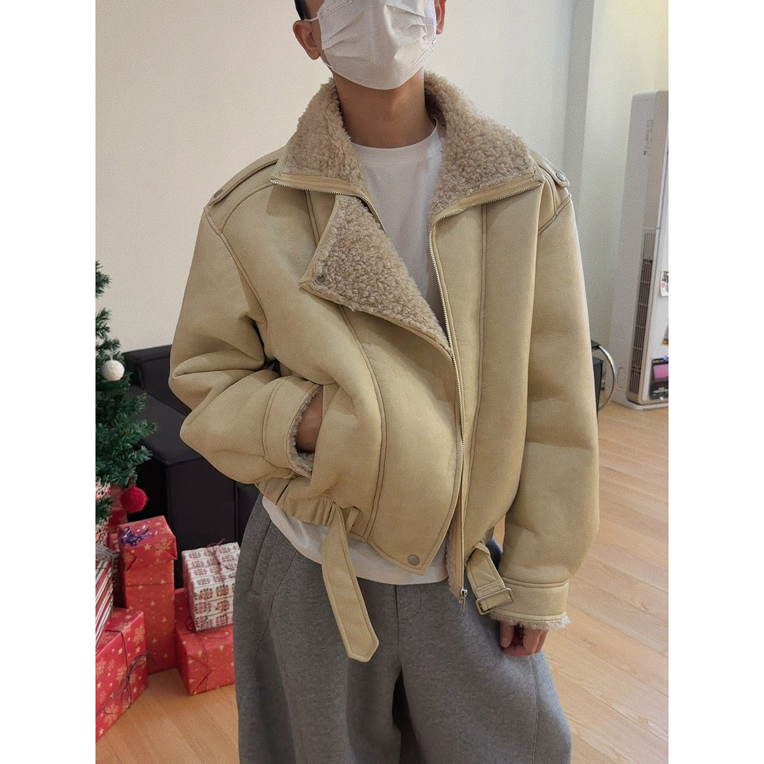 19studio WAYNEPRINCE美式复古翻领毛绒皮衣休闲加厚短款夹克外套