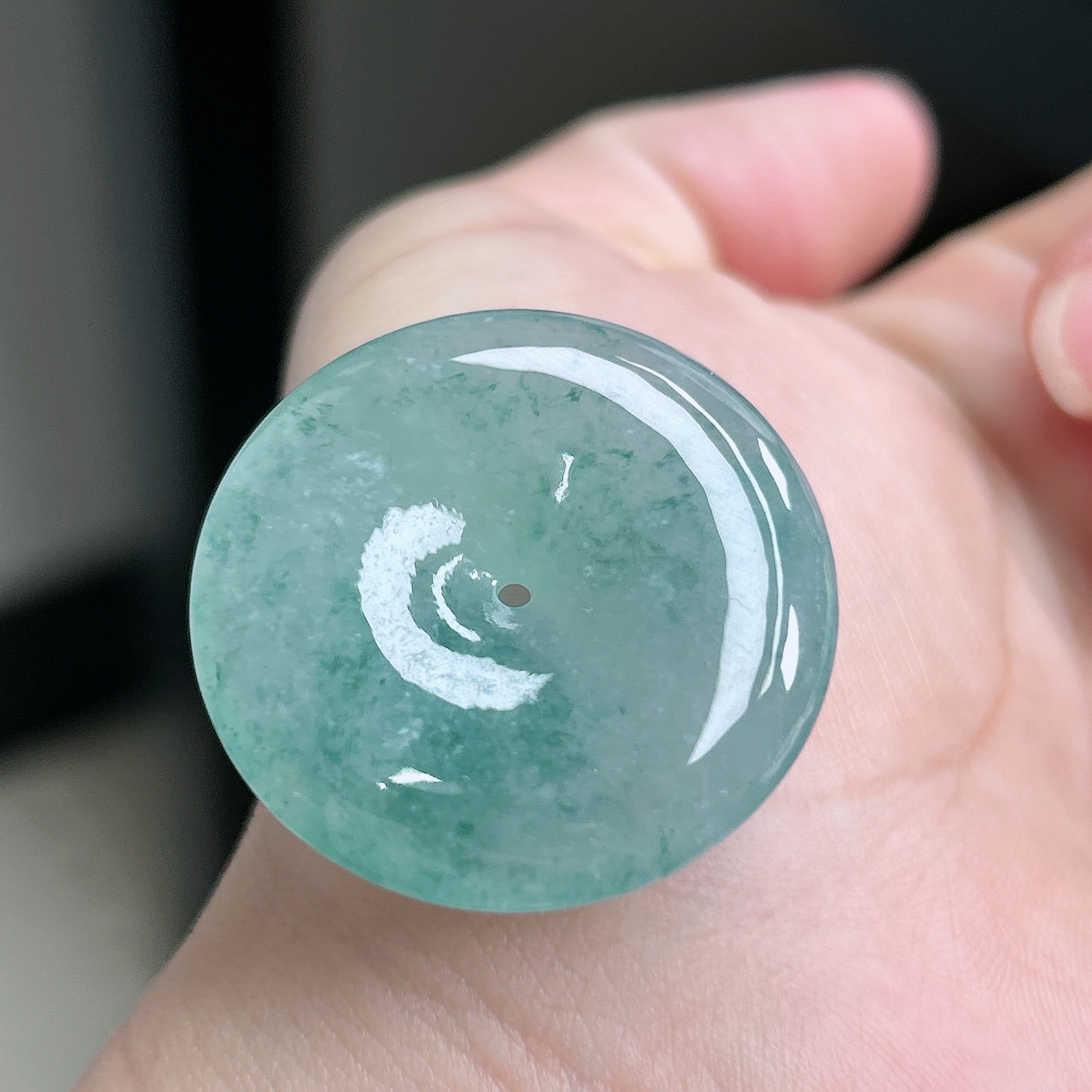 缅甸天然A货翡翠冰润天空蓝飘花平安扣吊坠肉扣厚装饱满31.8×7.1