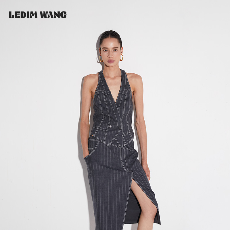 LEDIM WANG【黑标系列】非对称宣言条纹马甲女夏季文艺复古条纹马甲