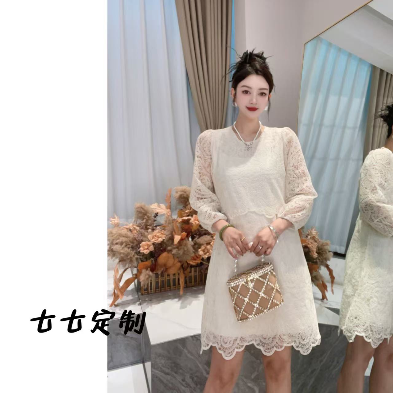 【春日柔柔】七七定制 春日法式氛围感重工蕾丝连衣裙2501636#