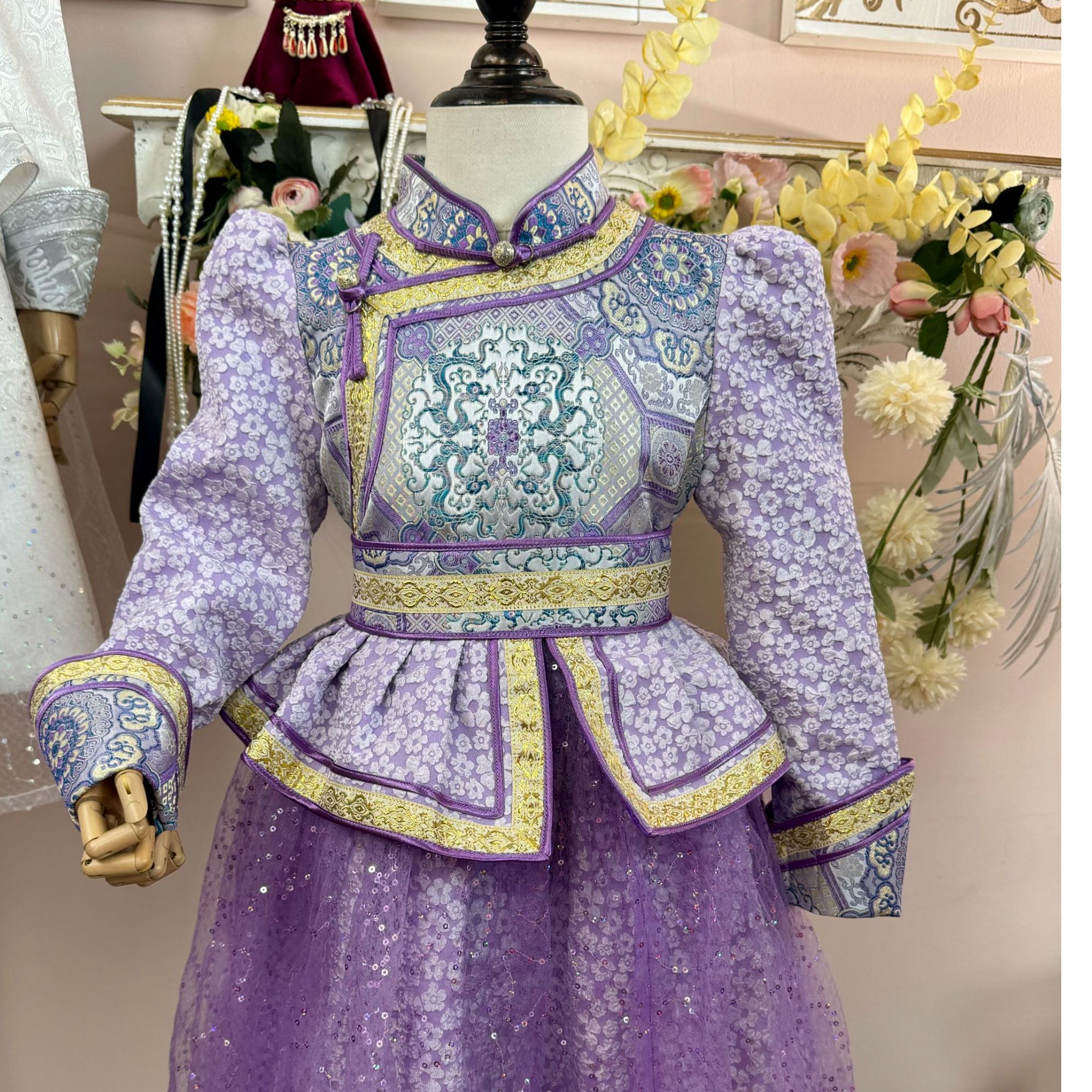 【善妈】高定款女宝紫色两穿长袖手工纱裙高端走秀舞台套装礼服长款