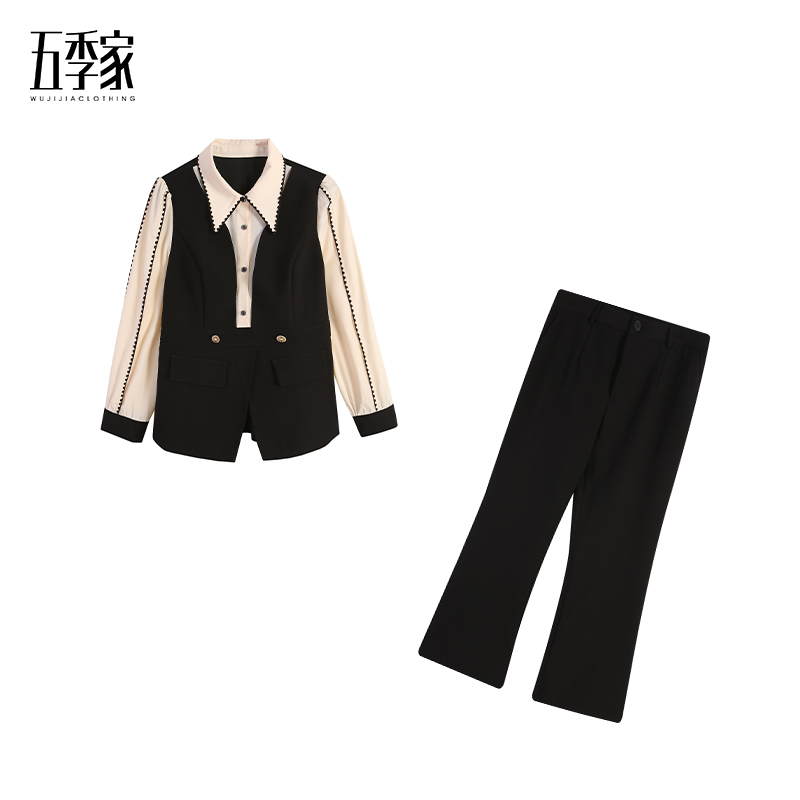 周周-春季新款设计感假两件上衣时髦黑色长裤两件套五季家ZL98086