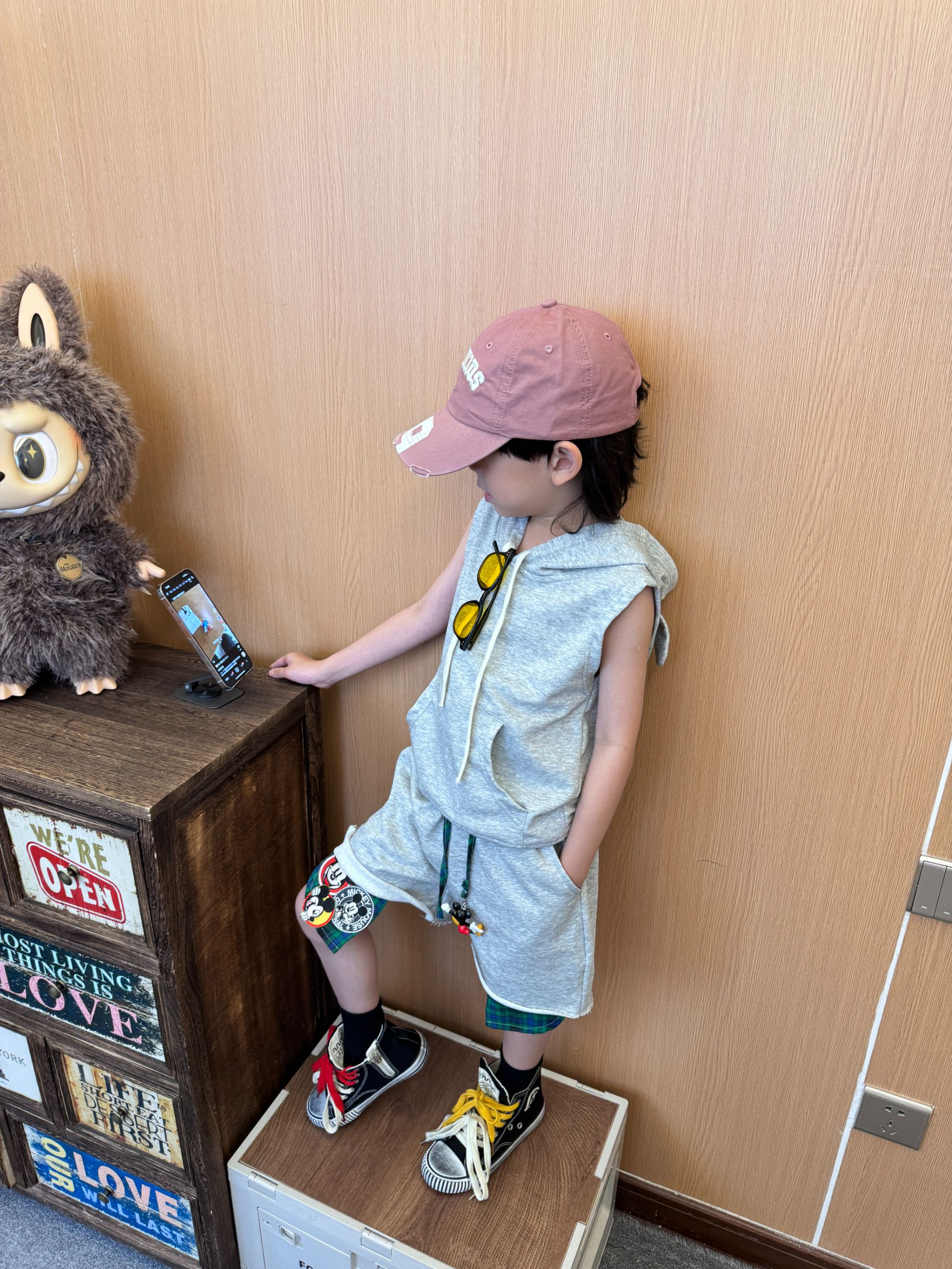 令佳潮牌夏季儿童洋气休闲卡通运动背心毛圈卫裤2750套装小童童装