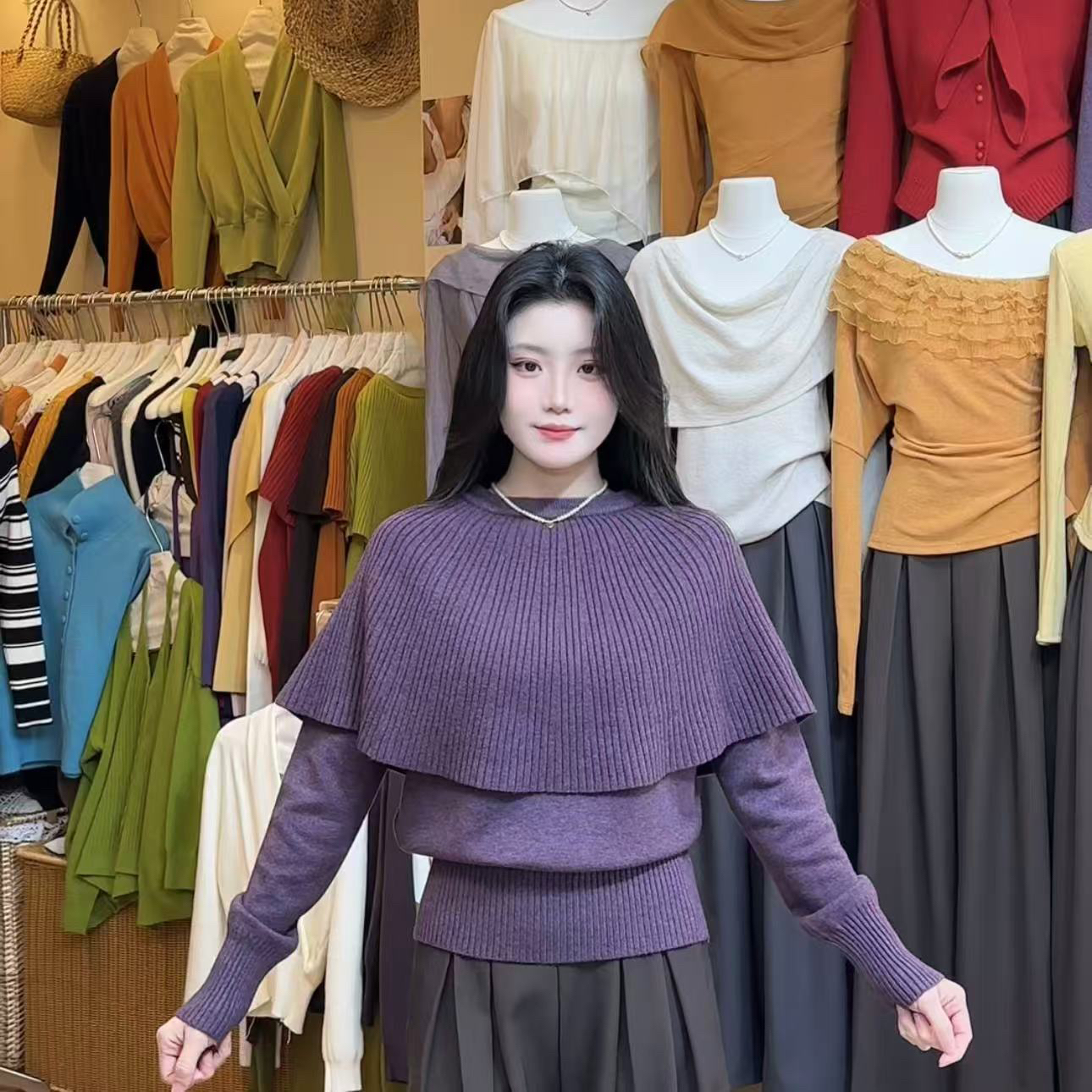 早秋韩系温柔风斗篷假两件针织衫女2025新款秋季毛衣独特漂亮上衣