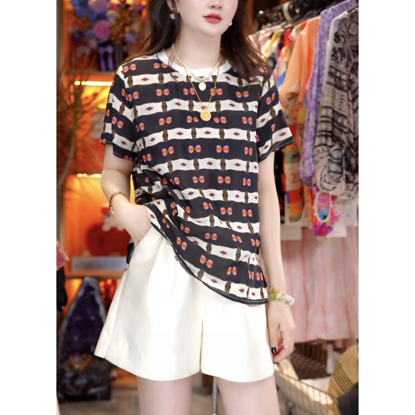 【丝芙玉禄】（F706）100真丝双绉显瘦黑色格子气质桑蚕丝t恤上衣