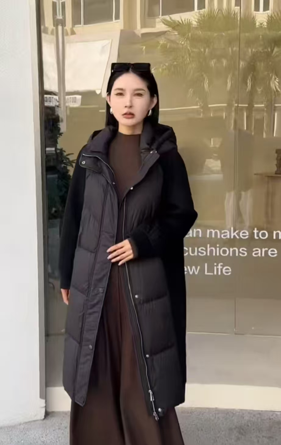 保暖黑色宽松拼接连帽中长款网红民族风长款