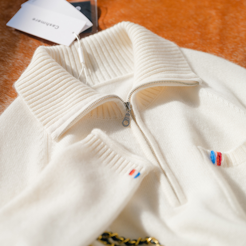 半拉链彩条100%纯山羊绒衫女加厚翻领套头衫RZ25195