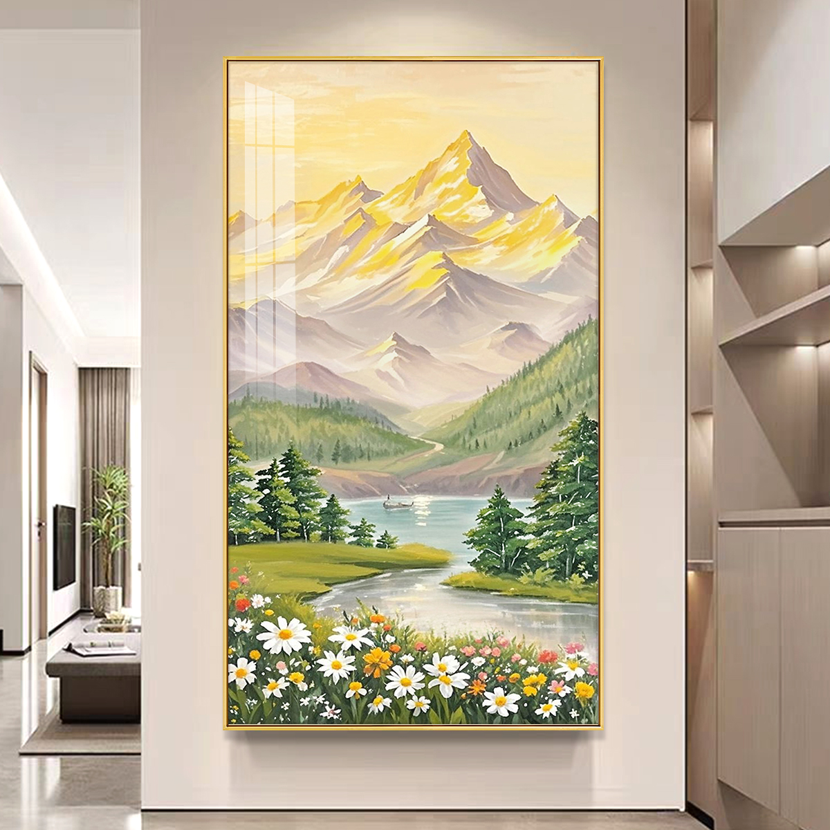 日照金山十字绣2025新款高级客厅现代山水画大气玄关竖版手工刺绣