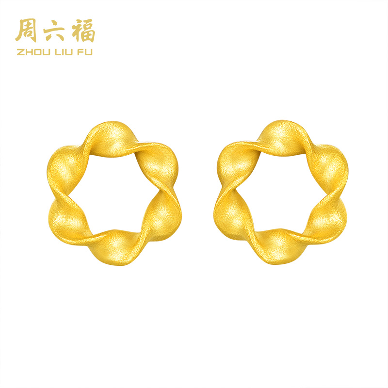 周六福花遇喷砂工艺时尚百搭小众女款足金耳饰礼物-Y8025-主