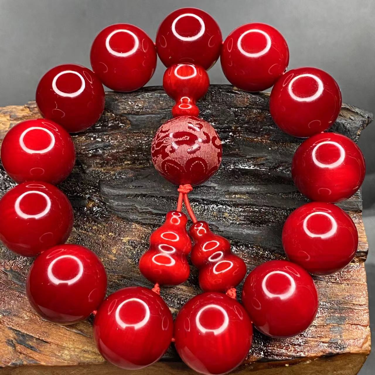 雷击木满油爆透樱桃红玉化老料1.8手串男女文玩念珠