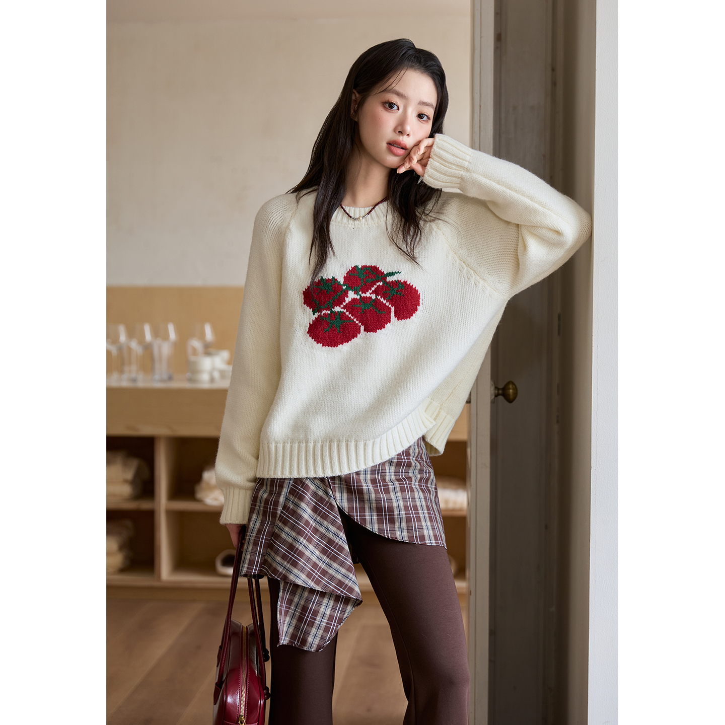 【重百优选】谜秀番茄提花毛衣宽松套头针织衫休闲上衣MXE51Z2692