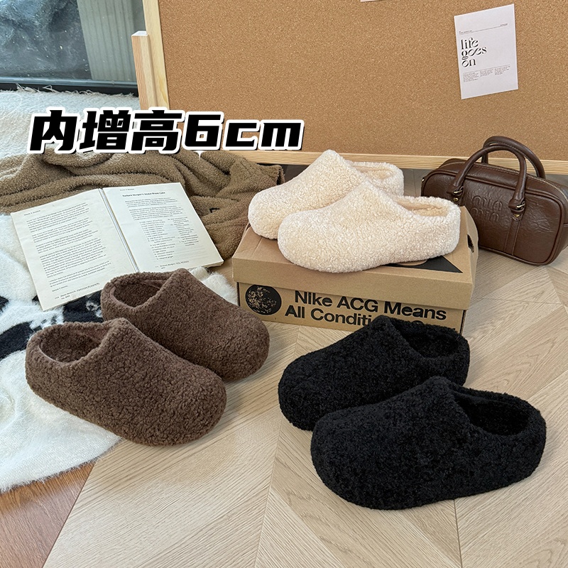 6cm厚底增高毛毛半拖鞋女2025秋季加绒保暖松糕百搭外穿包头棉拖