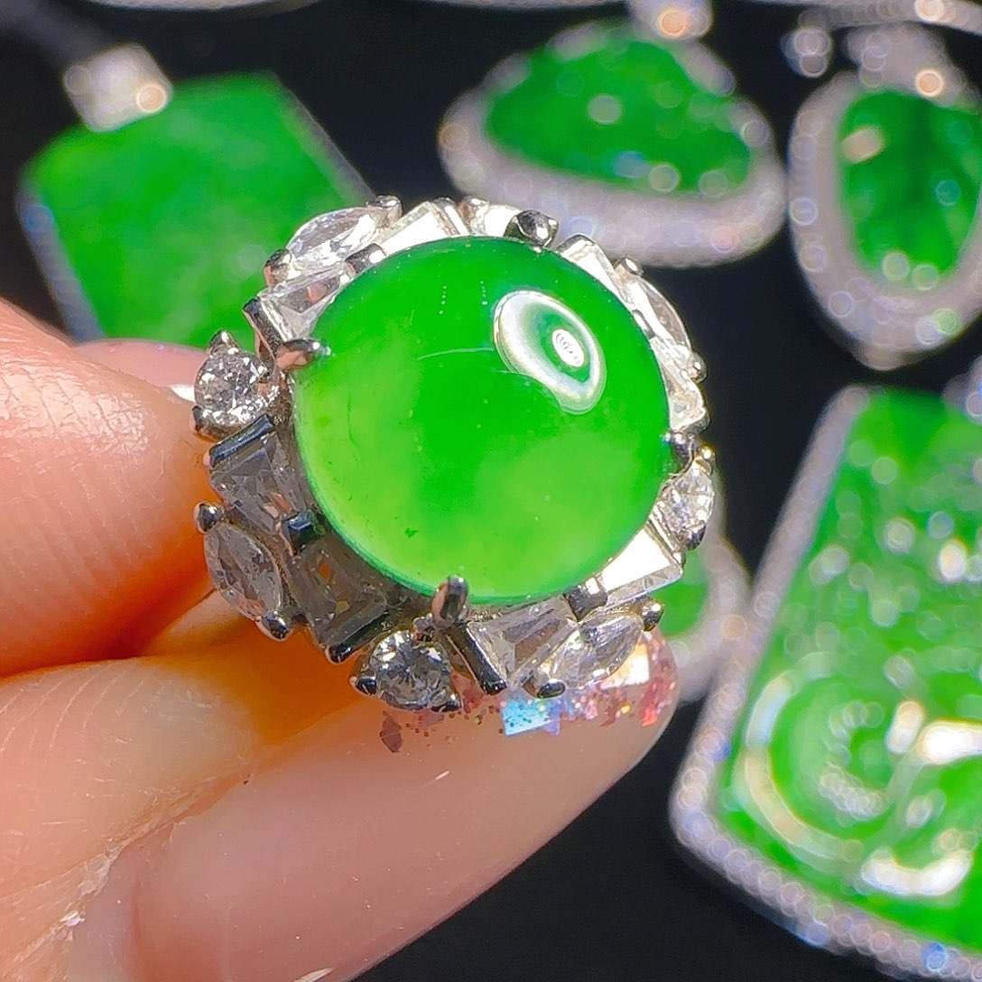 翡翠戒指银S925镶嵌天然