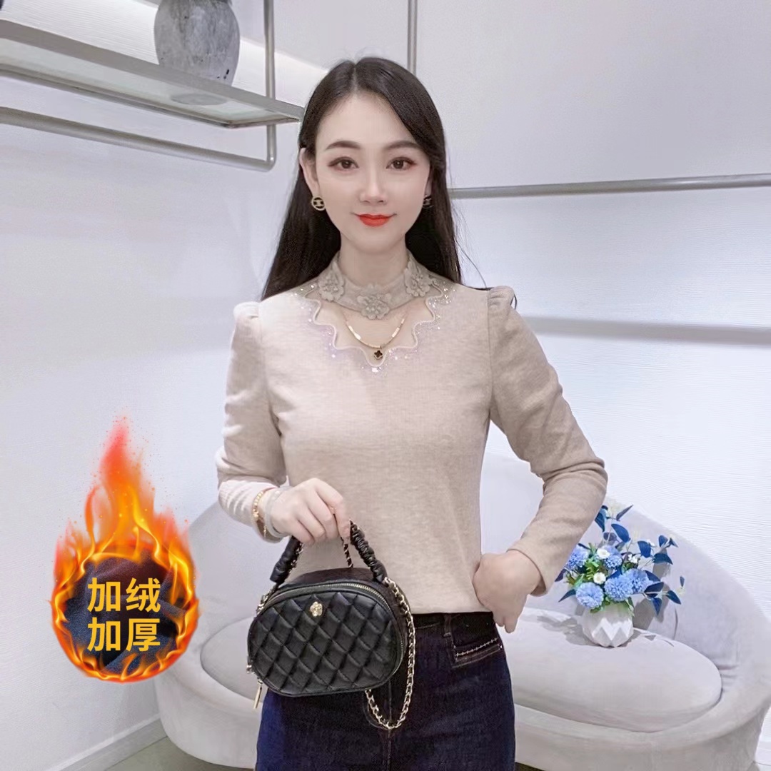 晴A9190法式时尚女花边加绒加厚冬季新款显瘦百搭洋气减龄上衣