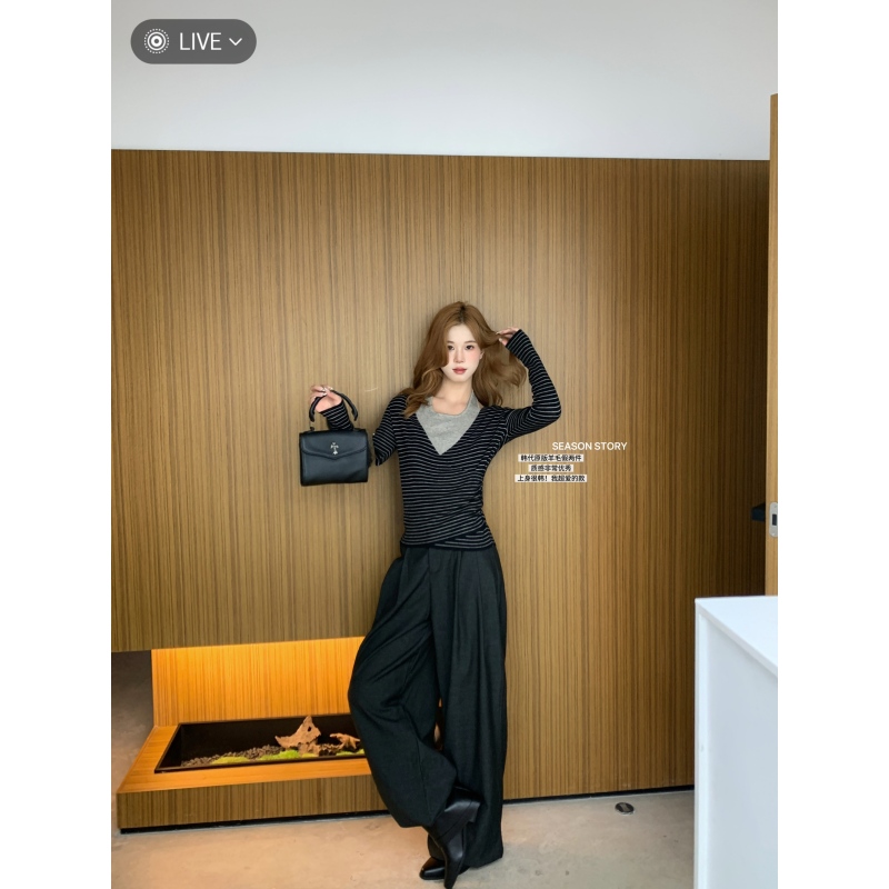 SS/SEASON STORY 25FW泡菜国羊毛条纹针织衫女秋季假两件显瘦上衣