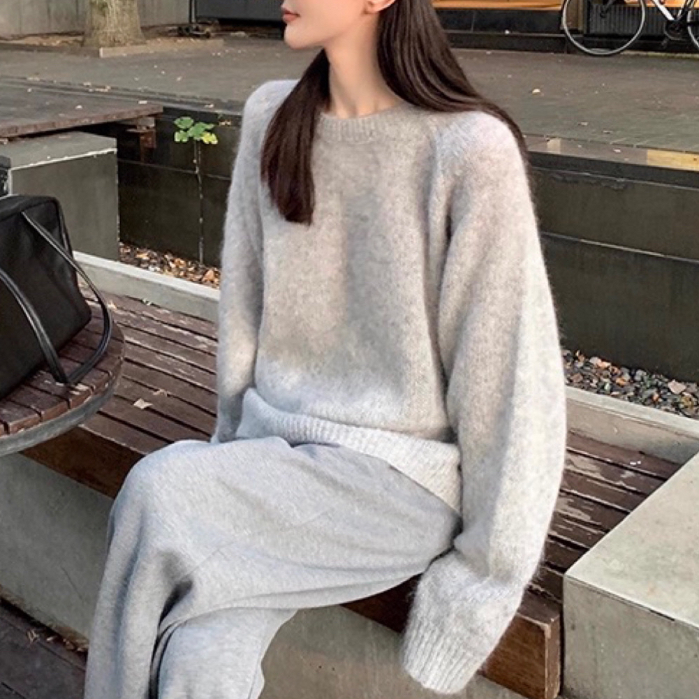 高奢婴驼绒超细马海毛羊毛混纺软糯糯圆领宽松套头毛衣宽松针织衫
