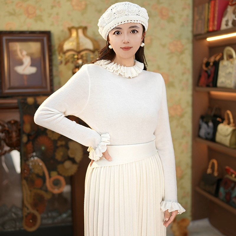 2025新款 高领木耳花边领打底毛衣 春季内搭显瘦上衣针织衫女士