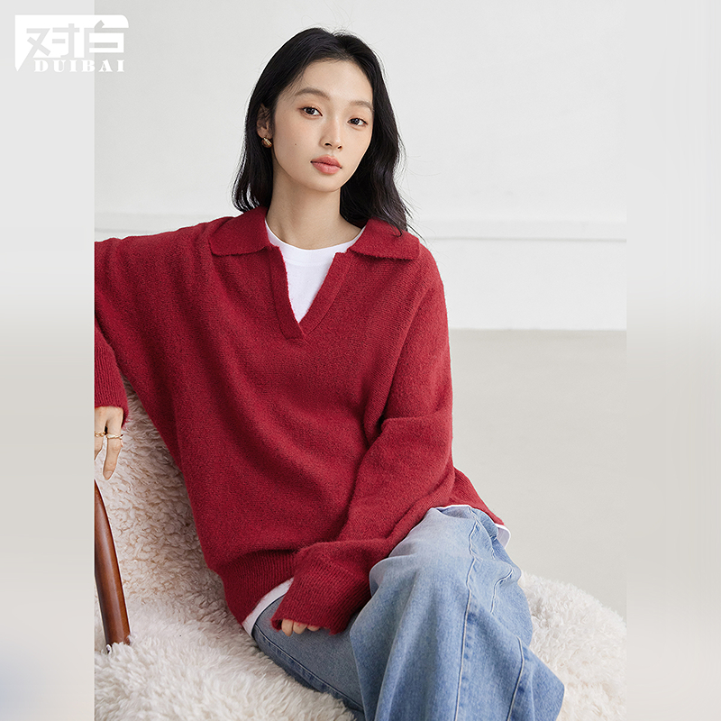 【粉丝专属】D01对白圣诞红色翻领毛衣本命年针织衫FDE267