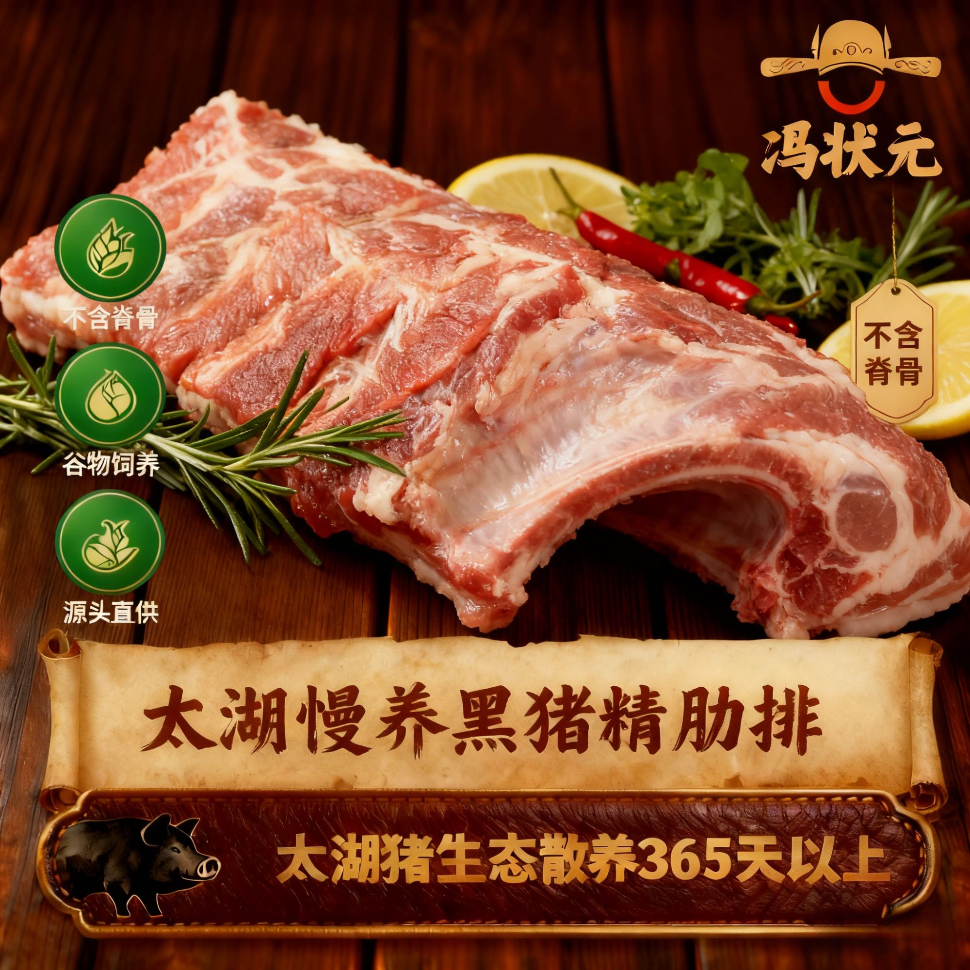 冯状元【太湖黑猪肉】黑猪精肋排4斤不含脊骨生态自然鲜美无抗土猪