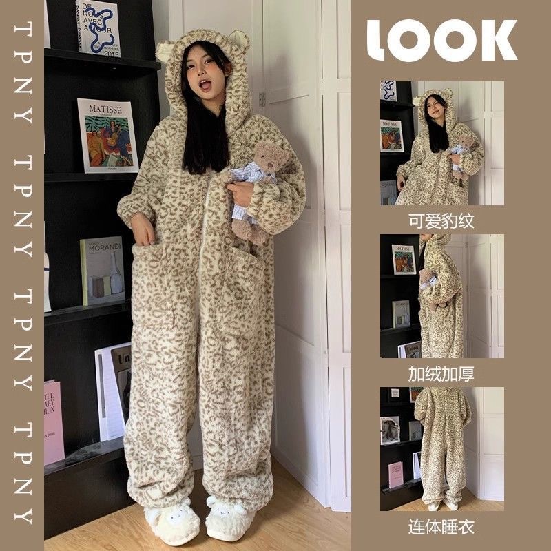 【反季清仓】珊瑚绒卡通豹纹连体睡衣女冬季加绒加厚可爱连体家居服